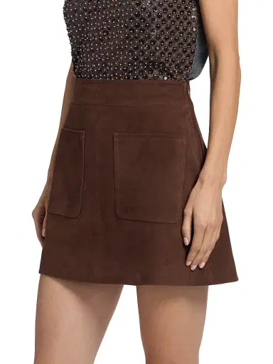 Tanya Taylor Women's Fran Suede Patch Pocket Miniskirt - Chocolate | Thumbnail 4 Tanya Taylor Women's Fran Suede Patch Pocket Miniskirt - Chocolate | Thumbnail 4