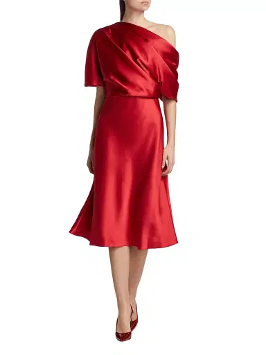 Amsale Women's Draped Satin One-Shoulder Midi-Dress - Lipstick | Thumbnail 2 Amsale Women's Draped Satin One-Shoulder Midi-Dress - Lipstick | Thumbnail 2