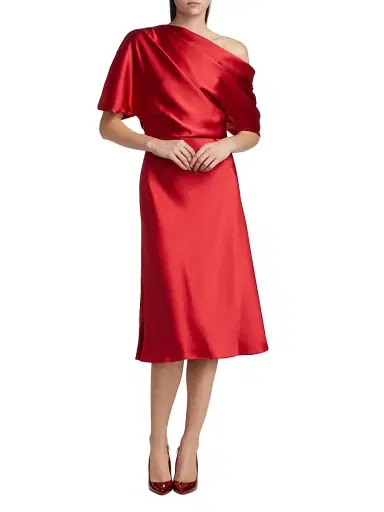 Amsale Women's Draped Satin One-Shoulder Midi-Dress - Lipstick | Thumbnail 3 Amsale Women's Draped Satin One-Shoulder Midi-Dress - Lipstick | Thumbnail 3