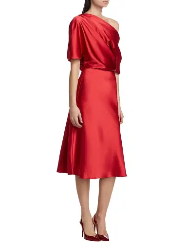 Amsale Women's Draped Satin One-Shoulder Midi-Dress - Lipstick | Thumbnail 4 Amsale Women's Draped Satin One-Shoulder Midi-Dress - Lipstick | Thumbnail 4