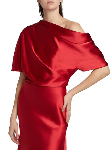 Amsale Women's Draped Satin One-Shoulder Midi-Dress - Lipstick | Thumbnail 6 Amsale Women's Draped Satin One-Shoulder Midi-Dress - Lipstick | Thumbnail 6