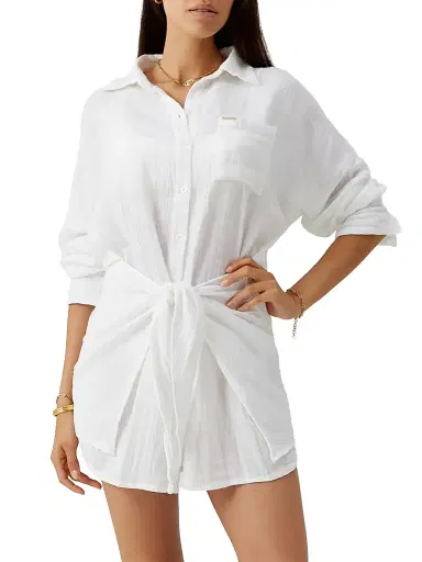 Melissa Odabash Women's Sara Cotton Tie-Waist Mini-Shirtdress - White | Thumbnail 3 Melissa Odabash Women's Sara Cotton Tie-Waist Mini-Shirtdress - White | Thumbnail 3