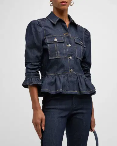 Cinq a Sept Delanie Scrunched-Sleeve Peplum Denim Jacket | Thumbnail 2 Cinq a Sept Delanie Scrunched-Sleeve Peplum Denim Jacket | Thumbnail 2