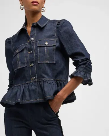 Cinq a Sept Delanie Scrunched-Sleeve Peplum Denim Jacket | Thumbnail 8 Cinq a Sept Delanie Scrunched-Sleeve Peplum Denim Jacket | Thumbnail 8