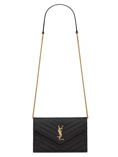 Saint Laurent Women's Cassandre Envelope Chain Wallet in Grain De Poudre Leather - Noir | Thumbnail 1 Saint Laurent Women's Cassandre Envelope Chain Wallet in Grain De Poudre Leather - Noir | Thumbnail 1