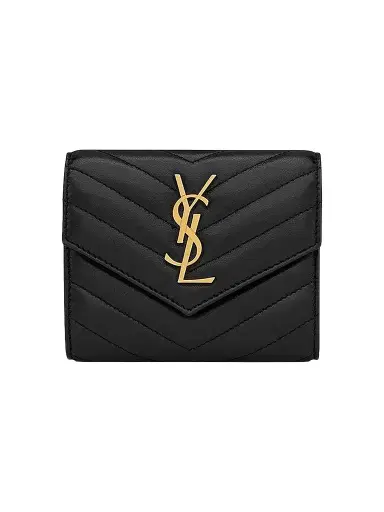 Saint Laurent Women's Cassandre Matelassé Compact Tri-Fold Wallet in Lambskin - Black | Thumbnail 1 Saint Laurent Women's Cassandre Matelassé Compact Tri-Fold Wallet in Lambskin - Black | Thumbnail 1