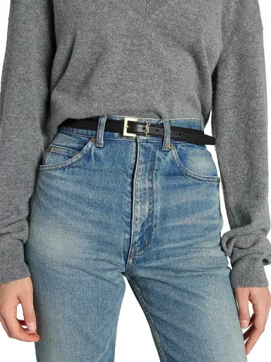 Saint Laurent Women's Cassandre Thin Belt with Square Buckle in Smooth Leather - Black | Thumbnail 2 Saint Laurent Women's Cassandre Thin Belt with Square Buckle in Smooth Leather - Black | Thumbnail 2