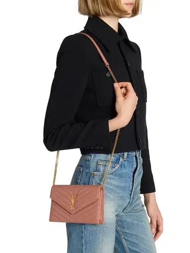 Saint Laurent Women's Cassandre Envelope Chain Wallet in Lambskin - Barely Pink | Thumbnail 3 Saint Laurent Women's Cassandre Envelope Chain Wallet in Lambskin - Barely Pink | Thumbnail 3