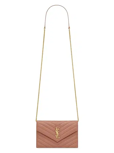 Saint Laurent Women's Cassandre Envelope Chain Wallet in Lambskin - Barely Pink | Thumbnail 1 Saint Laurent Women's Cassandre Envelope Chain Wallet in Lambskin - Barely Pink | Thumbnail 1