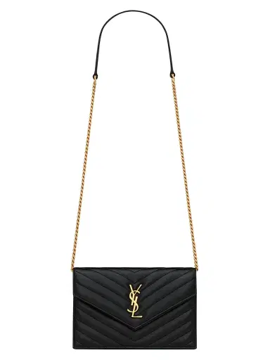 Saint Laurent Women's Cassandre Envelope Chain Wallet in Lambskin - Black | Thumbnail 1 Saint Laurent Women's Cassandre Envelope Chain Wallet in Lambskin - Black | Thumbnail 1