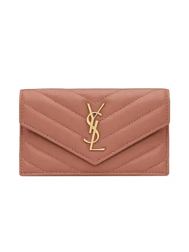 Saint Laurent Women's Cassandre Matelasse Fragments Flap Card Case in Quilted Lambskin - Barely Pink | Thumbnail 1 Saint Laurent Women's Cassandre Matelasse Fragments Flap Card Case in Quilted Lambskin - Barely Pink | Thumbnail 1