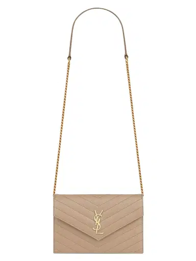 Saint Laurent Women's Cassandre Envelope Chain Wallet in Grain De Poudre Leather - Dark Beige | Thumbnail 1 Saint Laurent Women's Cassandre Envelope Chain Wallet in Grain De Poudre Leather - Dark Beige | Thumbnail 1