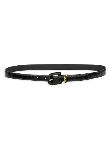 Saint Laurent Women's Cassandre Covered U Buckle Thin Belt in Crocodile-Embossed Leather - Black - Size 28 | Thumbnail 4 Saint Laurent Women's Cassandre Covered U Buckle Thin Belt in Crocodile-Embossed Leather - Black - Size 28 | Thumbnail 4
