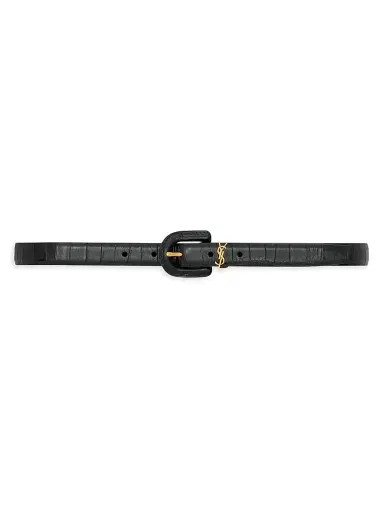 Saint Laurent Women's Cassandre Covered U Buckle Thin Belt in Crocodile-Embossed Leather - Black - Size 28 | Thumbnail 1 Saint Laurent Women's Cassandre Covered U Buckle Thin Belt in Crocodile-Embossed Leather - Black - Size 28 | Thumbnail 1