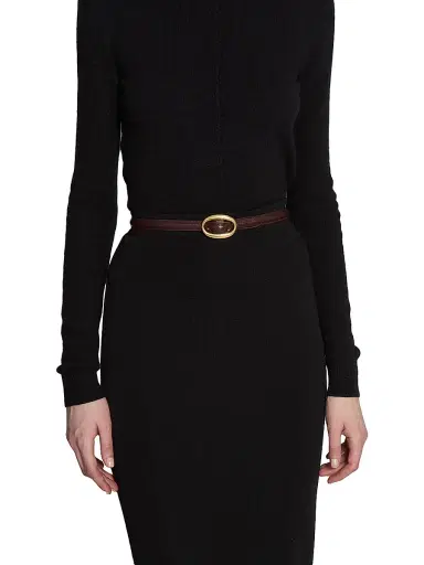 Saint Laurent Women's Oval Buckle Thin Belt in Smooth Leather - Dark Currant | Thumbnail 2 Saint Laurent Women's Oval Buckle Thin Belt in Smooth Leather - Dark Currant | Thumbnail 2