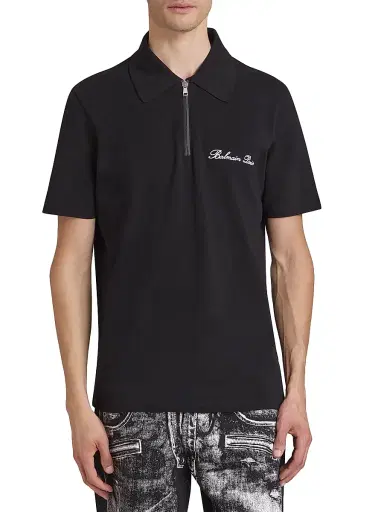 Balmain Men's Logo-Embroidered Cotton Quarter-Zip Polo Shirt - Noir Blanc | Thumbnail 3 Balmain Men's Logo-Embroidered Cotton Quarter-Zip Polo Shirt - Noir Blanc | Thumbnail 3