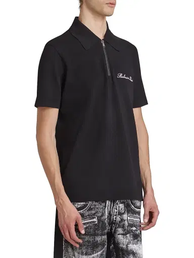Balmain Men's Logo-Embroidered Cotton Quarter-Zip Polo Shirt - Noir Blanc | Thumbnail 4 Balmain Men's Logo-Embroidered Cotton Quarter-Zip Polo Shirt - Noir Blanc | Thumbnail 4