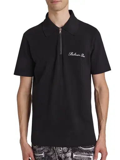 Balmain Men's Logo-Embroidered Cotton Quarter-Zip Polo Shirt - Noir Blanc | Thumbnail 6 Balmain Men's Logo-Embroidered Cotton Quarter-Zip Polo Shirt - Noir Blanc | Thumbnail 6