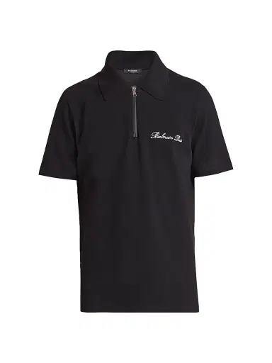 Balmain Men's Logo-Embroidered Cotton Quarter-Zip Polo Shirt - Noir Blanc | Thumbnail 1 Balmain Men's Logo-Embroidered Cotton Quarter-Zip Polo Shirt - Noir Blanc | Thumbnail 1