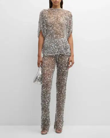 Lapointe Sequined Net Mesh Cape T-Shirt | Thumbnail 2 Lapointe Sequined Net Mesh Cape T-Shirt | Thumbnail 2