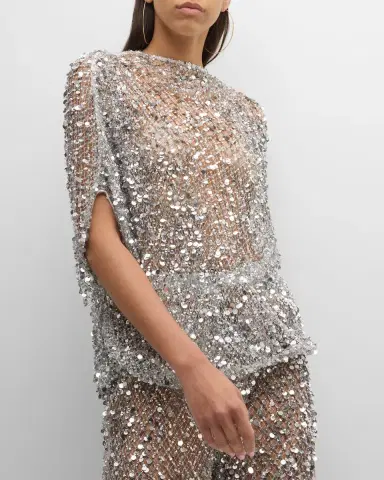 Lapointe Sequined Net Mesh Cape T-Shirt | Thumbnail 6 Lapointe Sequined Net Mesh Cape T-Shirt | Thumbnail 6
