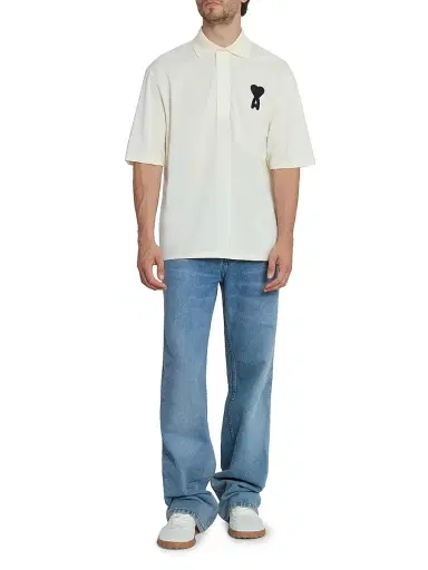 AMI Paris Men's Ami de Coeur Relaxed Polo Shirt - Blanc Creme Noir | Thumbnail 2 AMI Paris Men's Ami de Coeur Relaxed Polo Shirt - Blanc Creme Noir | Thumbnail 2