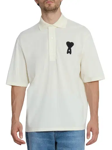 AMI Paris Men's Ami de Coeur Relaxed Polo Shirt - Blanc Creme Noir | Thumbnail 3 AMI Paris Men's Ami de Coeur Relaxed Polo Shirt - Blanc Creme Noir | Thumbnail 3