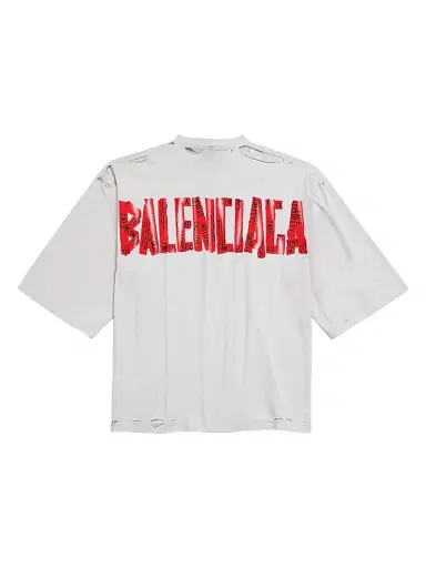 Balenciaga Men's Security Tape Logo Oversized T-Shirt - White Red | Thumbnail 2 Balenciaga Men's Security Tape Logo Oversized T-Shirt - White Red | Thumbnail 2
