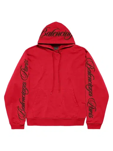 Balenciaga Men's Cursive Oversized Hoodie - Red Black | Thumbnail 1 Balenciaga Men's Cursive Oversized Hoodie - Red Black | Thumbnail 1
