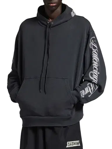 Balenciaga Men's Cursive Oversized Hoodie - Washed Black White | Thumbnail 2 Balenciaga Men's Cursive Oversized Hoodie - Washed Black White | Thumbnail 2