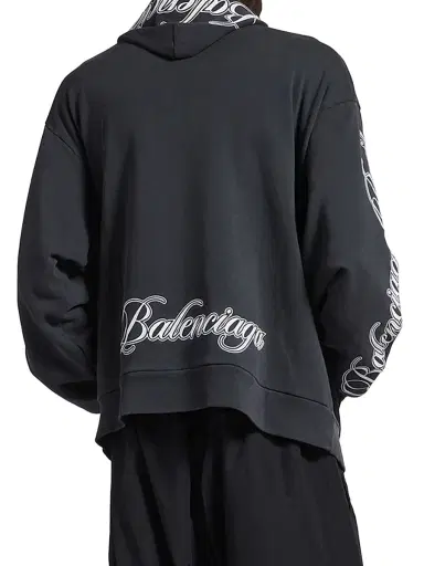 Balenciaga Men's Cursive Oversized Hoodie - Washed Black White | Thumbnail 3 Balenciaga Men's Cursive Oversized Hoodie - Washed Black White | Thumbnail 3