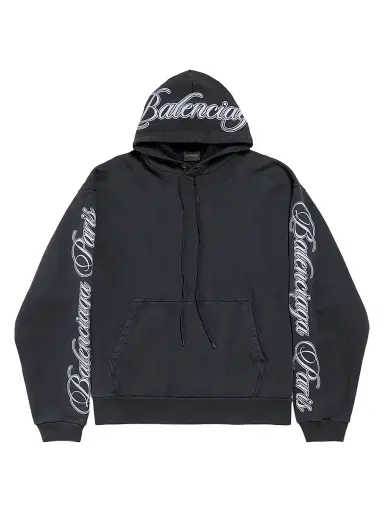 Balenciaga Men's Cursive Oversized Hoodie - Washed Black White | Thumbnail 1 Balenciaga Men's Cursive Oversized Hoodie - Washed Black White | Thumbnail 1