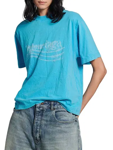 Balenciaga Women's Washed Crayon Political Medium Fit T-Shirt - Azure | Thumbnail 2 Balenciaga Women's Washed Crayon Political Medium Fit T-Shirt - Azure | Thumbnail 2