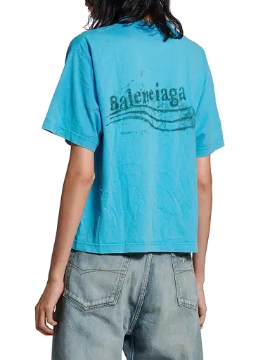 Balenciaga Women's Washed Crayon Political Medium Fit T-Shirt - Azure | Thumbnail 4 Balenciaga Women's Washed Crayon Political Medium Fit T-Shirt - Azure | Thumbnail 4