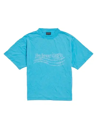 Balenciaga Women's Washed Crayon Political Medium Fit T-Shirt - Azure | Thumbnail 1 Balenciaga Women's Washed Crayon Political Medium Fit T-Shirt - Azure | Thumbnail 1