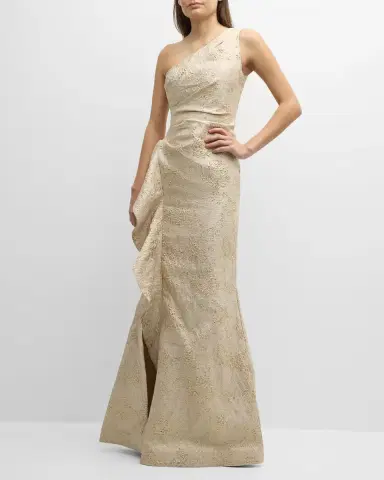 Rickie Freeman for Teri Jon One-Shoulder Jacquard Side-Ruffle Gown | Thumbnail 2 Rickie Freeman for Teri Jon One-Shoulder Jacquard Side-Ruffle Gown | Thumbnail 2
