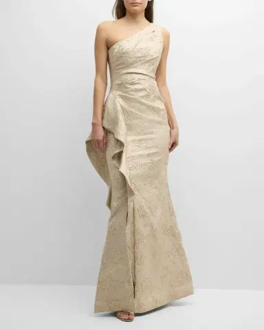 Rickie Freeman for Teri Jon One-Shoulder Jacquard Side-Ruffle Gown | Thumbnail 3 Rickie Freeman for Teri Jon One-Shoulder Jacquard Side-Ruffle Gown | Thumbnail 3