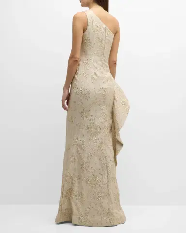Rickie Freeman for Teri Jon One-Shoulder Jacquard Side-Ruffle Gown | Thumbnail 4 Rickie Freeman for Teri Jon One-Shoulder Jacquard Side-Ruffle Gown | Thumbnail 4