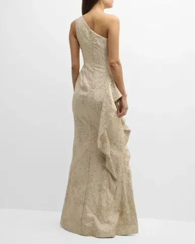 Rickie Freeman for Teri Jon One-Shoulder Jacquard Side-Ruffle Gown | Thumbnail 6 Rickie Freeman for Teri Jon One-Shoulder Jacquard Side-Ruffle Gown | Thumbnail 6