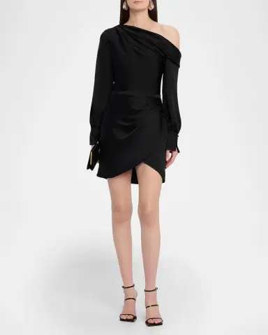SIMKHAI Cameron One-Shoulder Wrap-Skirt Satin Mini Dress | Thumbnail 2 SIMKHAI Cameron One-Shoulder Wrap-Skirt Satin Mini Dress | Thumbnail 2