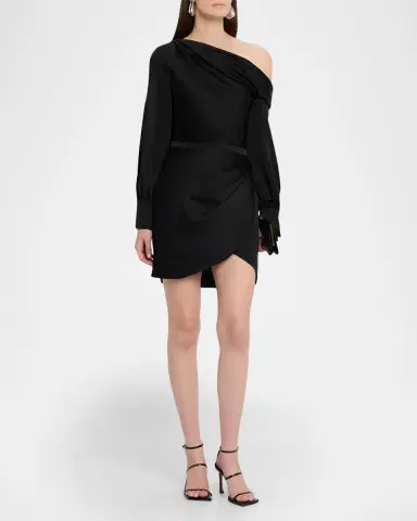 SIMKHAI Cameron One-Shoulder Wrap-Skirt Satin Mini Dress | Thumbnail 4 SIMKHAI Cameron One-Shoulder Wrap-Skirt Satin Mini Dress | Thumbnail 4