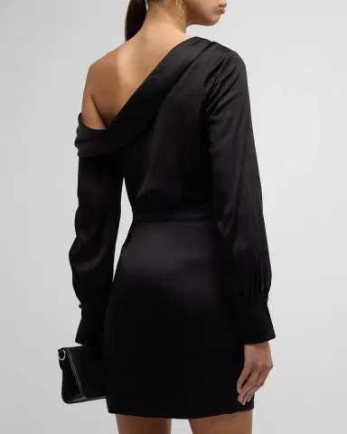 SIMKHAI Cameron One-Shoulder Wrap-Skirt Satin Mini Dress | Thumbnail 7 SIMKHAI Cameron One-Shoulder Wrap-Skirt Satin Mini Dress | Thumbnail 7