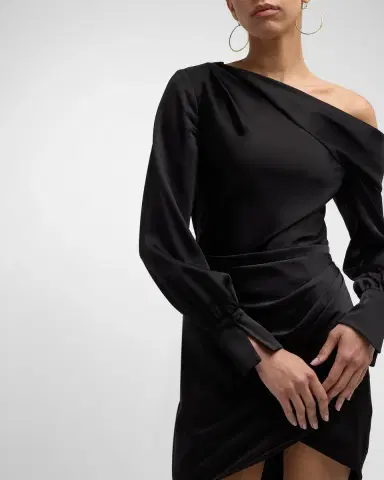 SIMKHAI Cameron One-Shoulder Wrap-Skirt Satin Mini Dress | Thumbnail 8 SIMKHAI Cameron One-Shoulder Wrap-Skirt Satin Mini Dress | Thumbnail 8