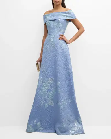 Rickie Freeman for Teri Jon Off-Shoulder Metallic Flower Jacquard Gown | Thumbnail 2 Rickie Freeman for Teri Jon Off-Shoulder Metallic Flower Jacquard Gown | Thumbnail 2