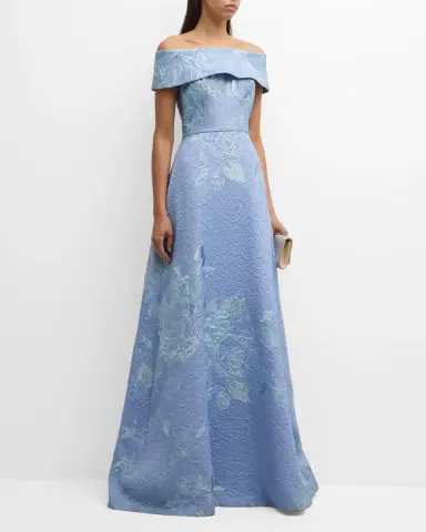 Rickie Freeman for Teri Jon Off-Shoulder Metallic Flower Jacquard Gown | Thumbnail 3 Rickie Freeman for Teri Jon Off-Shoulder Metallic Flower Jacquard Gown | Thumbnail 3