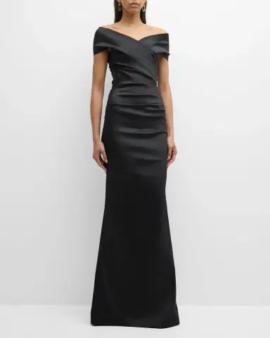 Rickie Freeman for Teri Jon Pleated Off-Shoulder Satin Column Gown | Thumbnail 2 Rickie Freeman for Teri Jon Pleated Off-Shoulder Satin Column Gown | Thumbnail 2