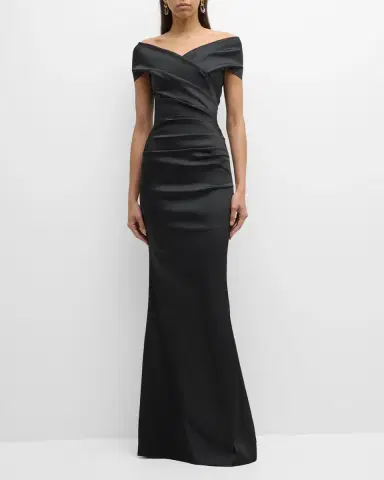 Rickie Freeman for Teri Jon Pleated Off-Shoulder Satin Column Gown | Thumbnail 3 Rickie Freeman for Teri Jon Pleated Off-Shoulder Satin Column Gown | Thumbnail 3