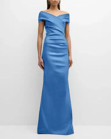 Rickie Freeman for Teri Jon Pleated Off-Shoulder Satin Column Gown | Thumbnail 2 Rickie Freeman for Teri Jon Pleated Off-Shoulder Satin Column Gown | Thumbnail 2