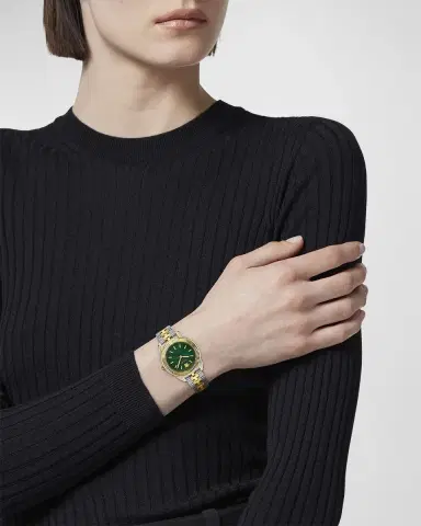 Versace 30mm Greca Time Watch with Bracelet Strap, Two Tone/Green | Thumbnail 2 Versace 30mm Greca Time Watch with Bracelet Strap, Two Tone/Green | Thumbnail 2