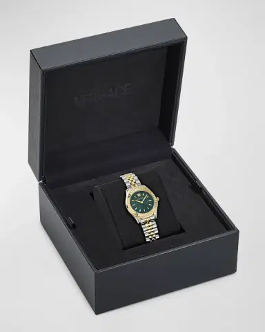 Versace 30mm Greca Time Watch with Bracelet Strap, Two Tone/Green | Thumbnail 5 Versace 30mm Greca Time Watch with Bracelet Strap, Two Tone/Green | Thumbnail 5